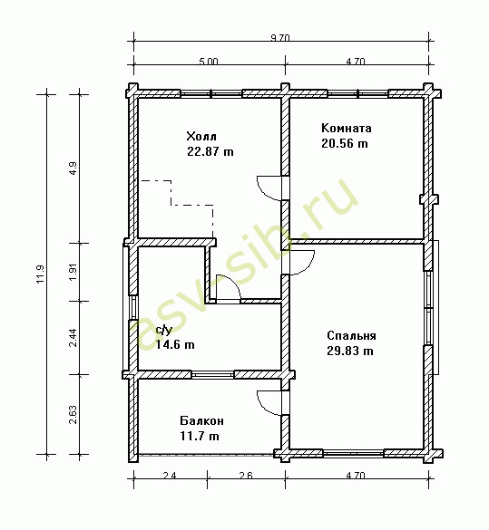 Большой дом из бревна с террасой по проекту ОБ-269: план 2-го этажа