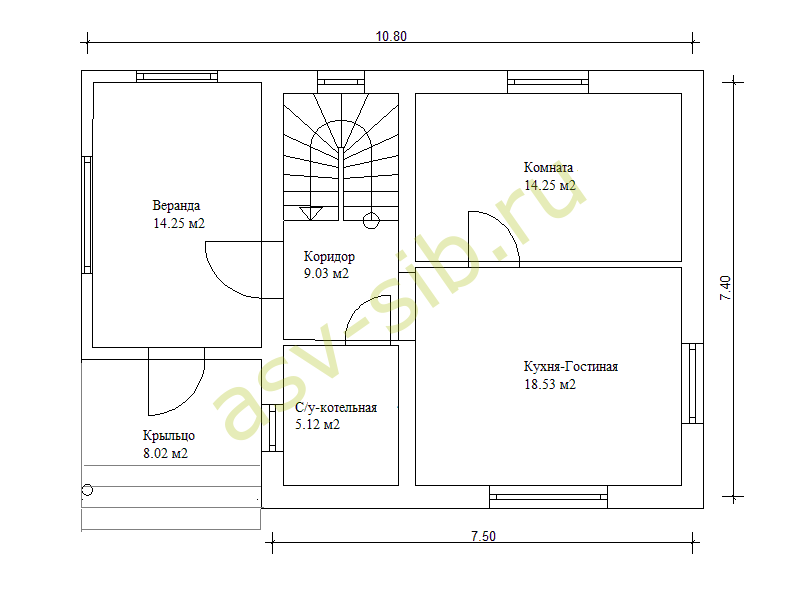 План первого этажа классического дачного дома из бетона с верандой, проект П111-П88